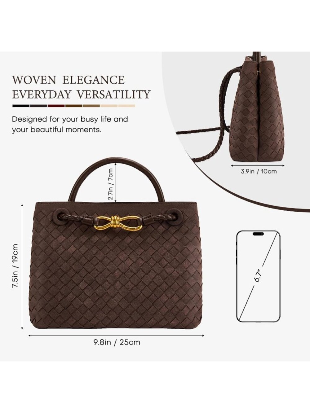 Women's B Brown Woven Leather Tote Handle Designer Handbag Shoulder Bag - Picture 4 of 6